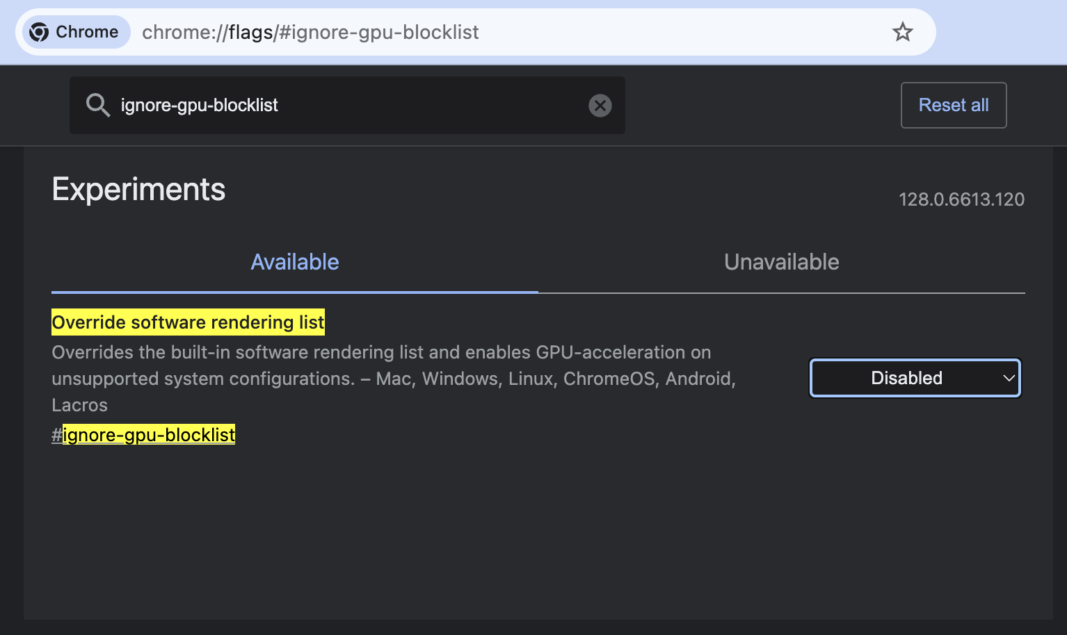 Chrome: override software rendering list