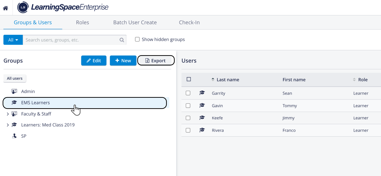 User group selected - Export Button Active