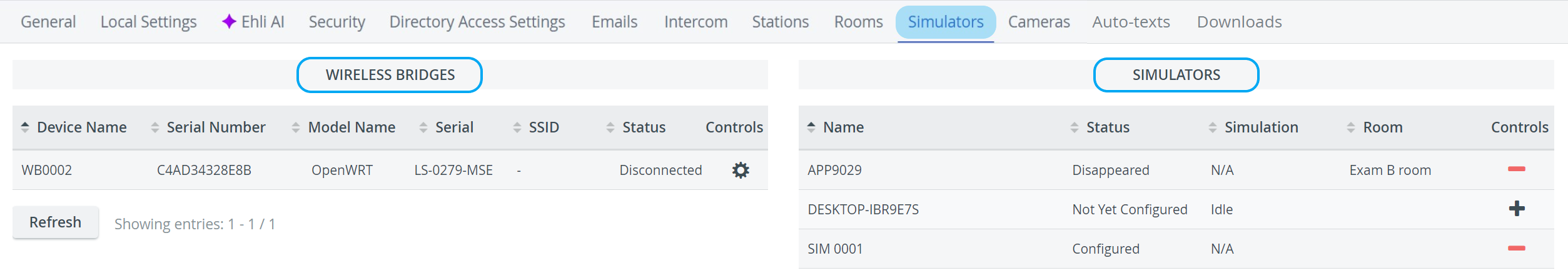 Simulators Tab - System Manager