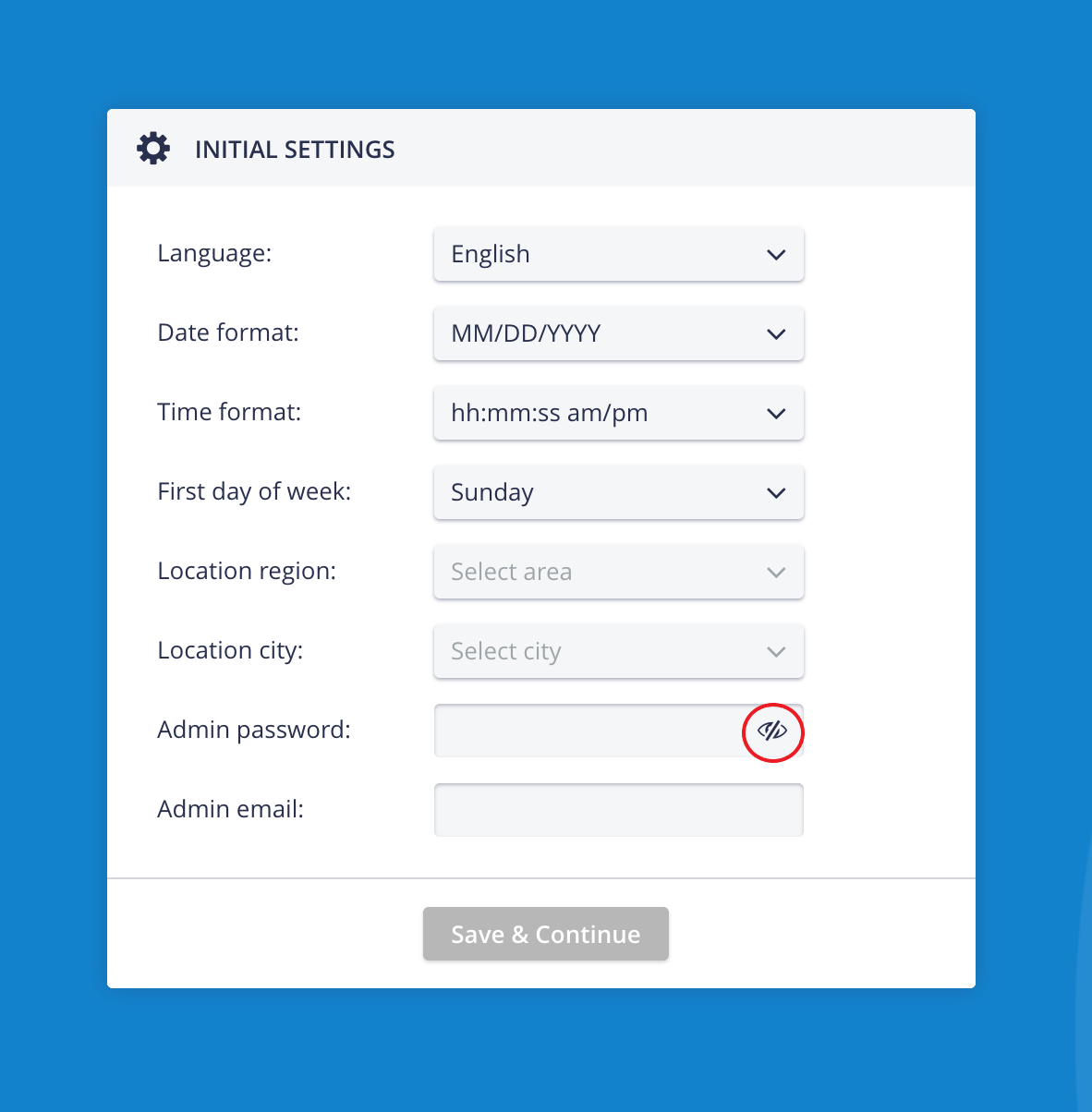 Initial Settings pop-up