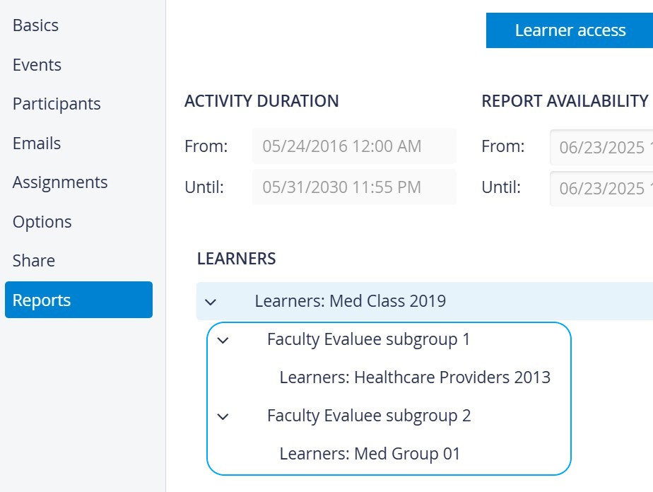 Learner Subgroups - Reports tab