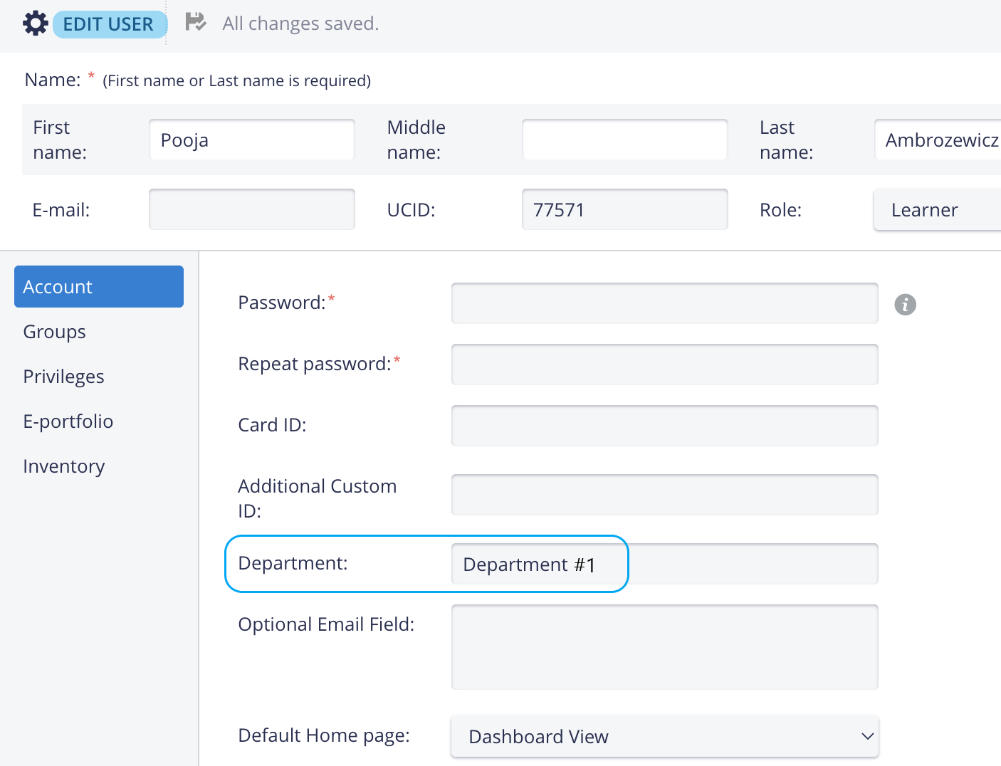 Department Field in User Manager