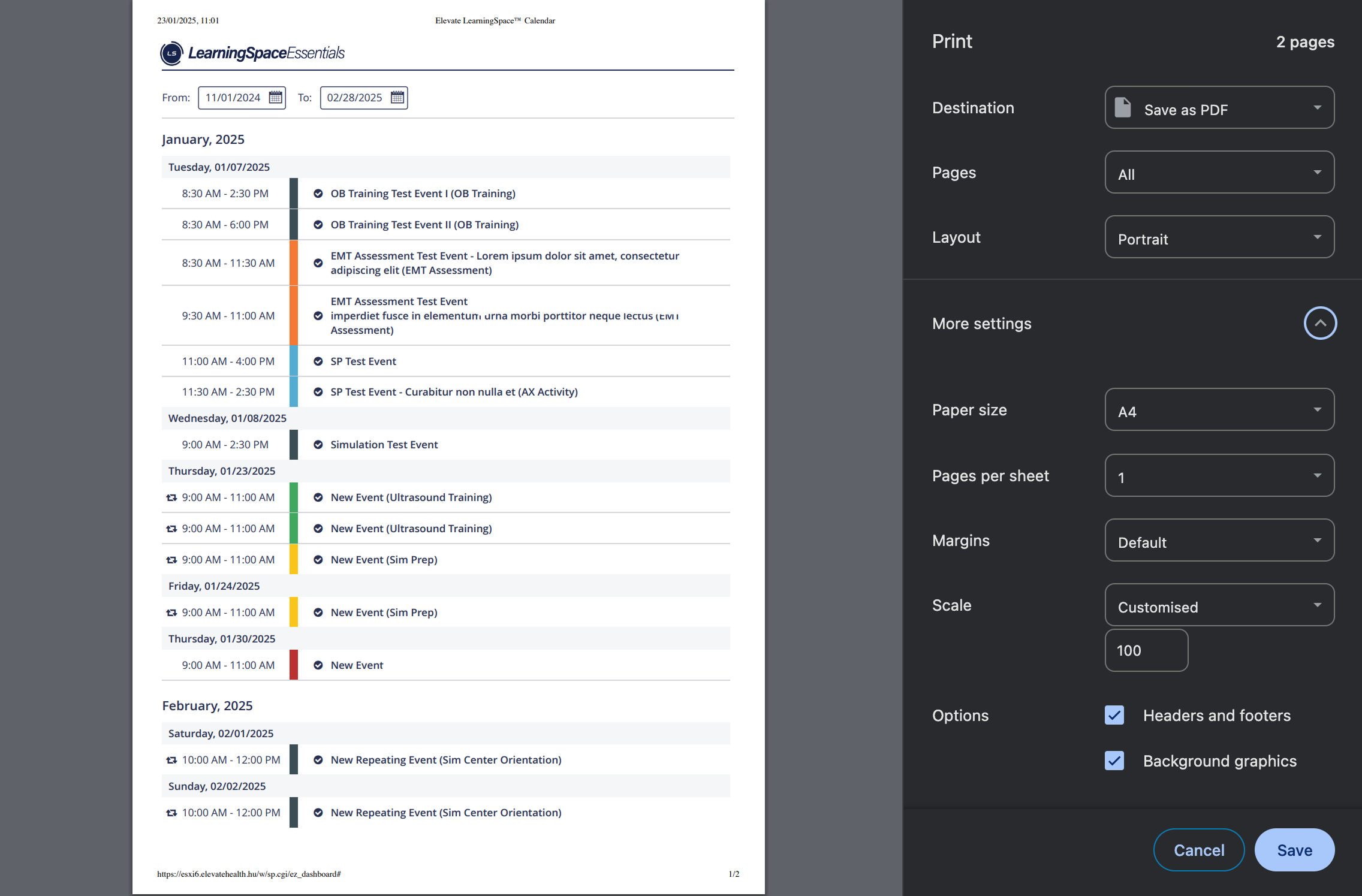 Print View of the Calendar's List View