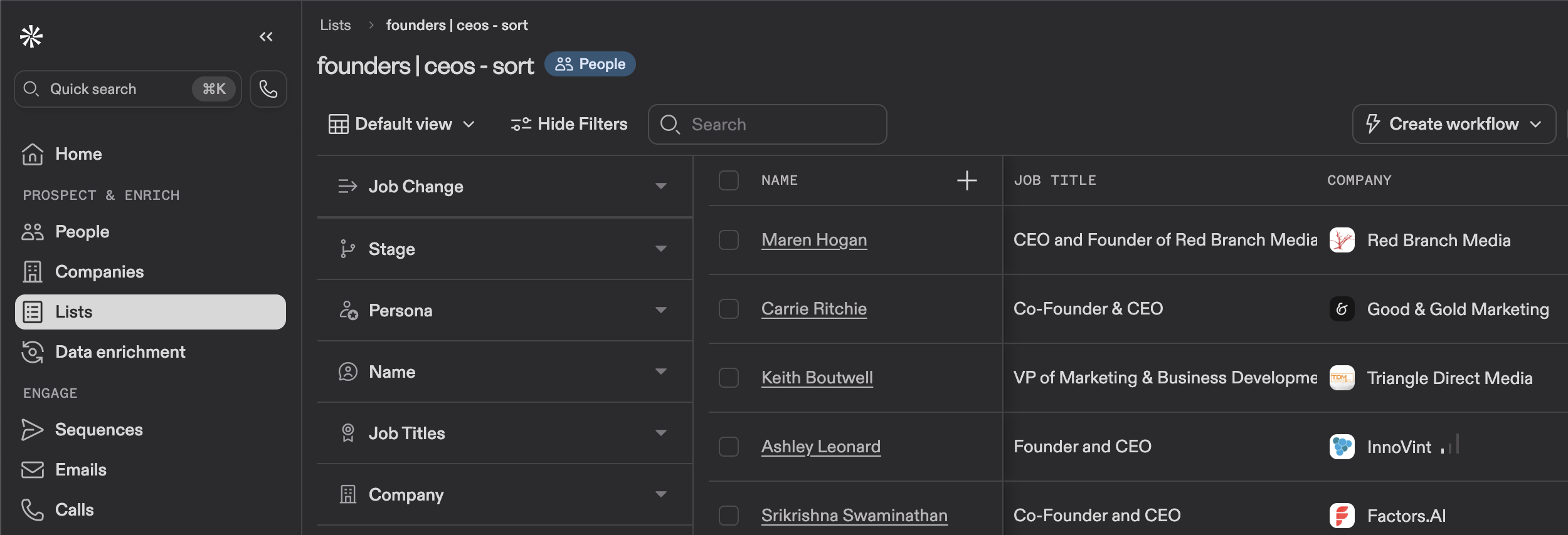 An example Apollo.io contact list search page