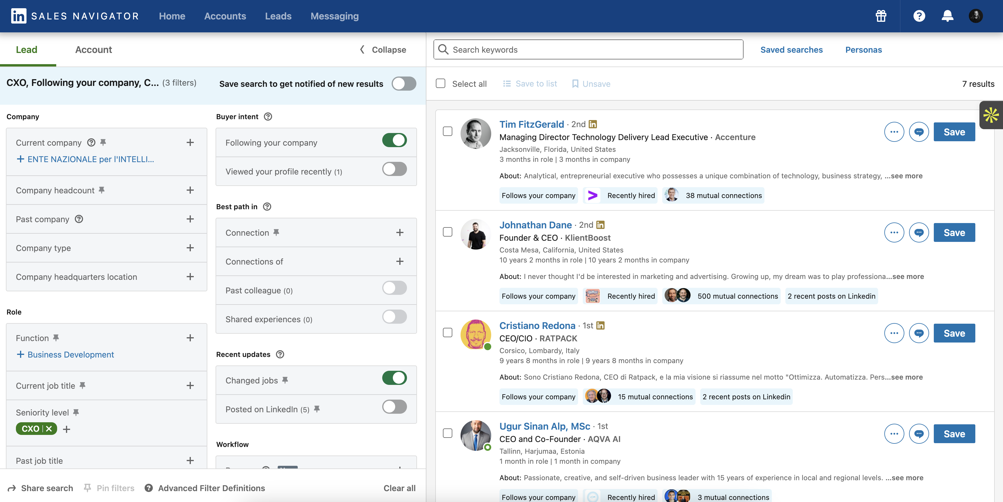 An example Sales Navigator Lead Search