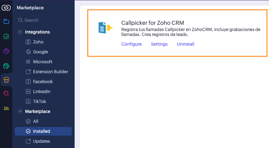 Marketplace - Callpicker for Zoho CRM