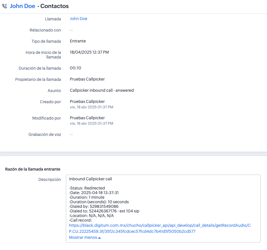 Recording in Zoho Call object