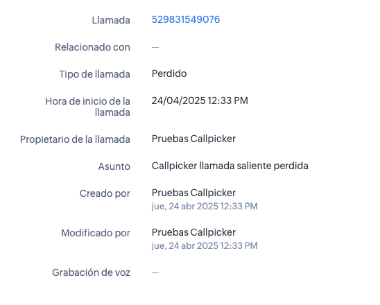 Llamada saliente perdida (detalle)