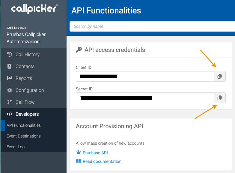 Callpicker API Credentials location