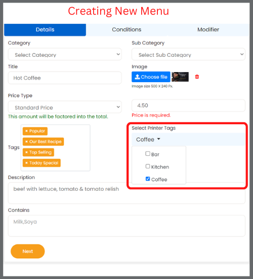 Attaching tag to new menu item