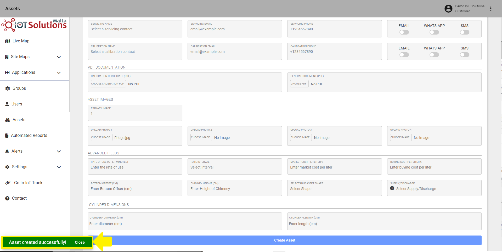 IoT Pro Platform - Create Asset Confirmation