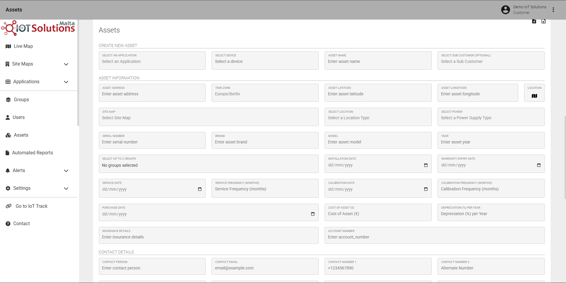 IoT Pro Platform - Create New Asset Form