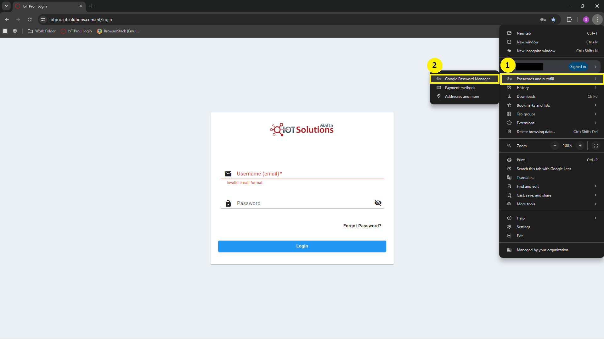 IoT Pro Platform - Google Password Manager Location