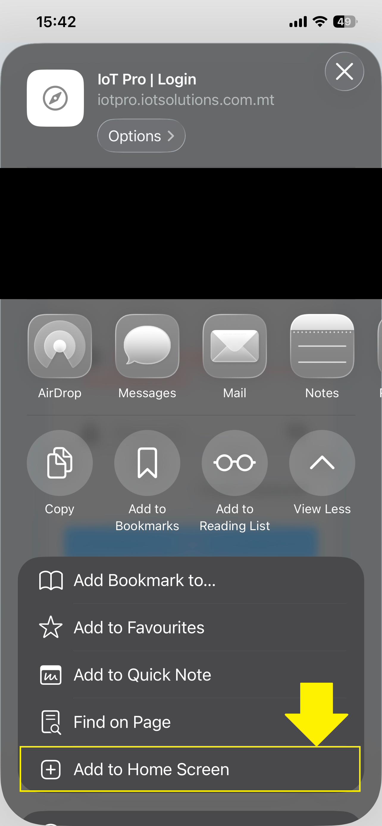 IoT Pro Platform - Selecting Add to Home Screen