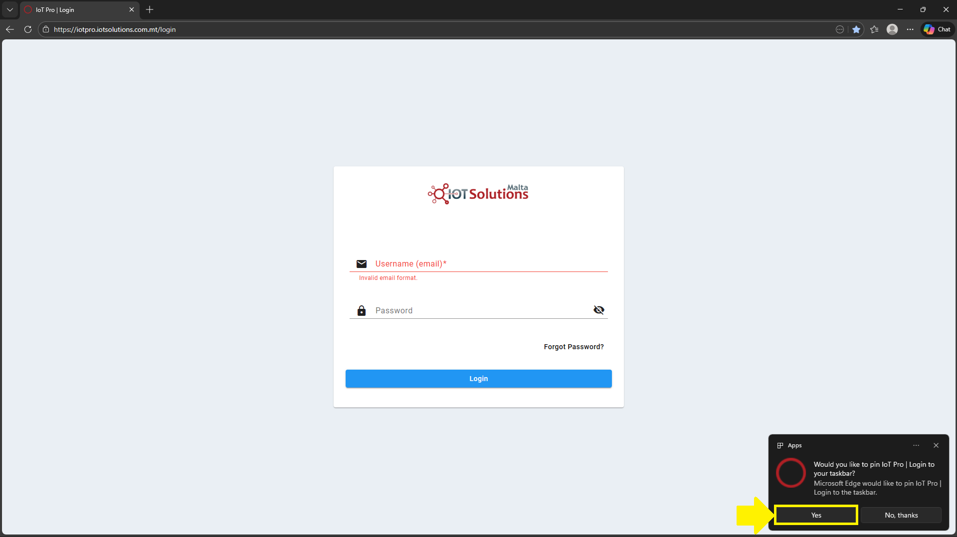 IoT Pro Platform - Shortcut Confirmation