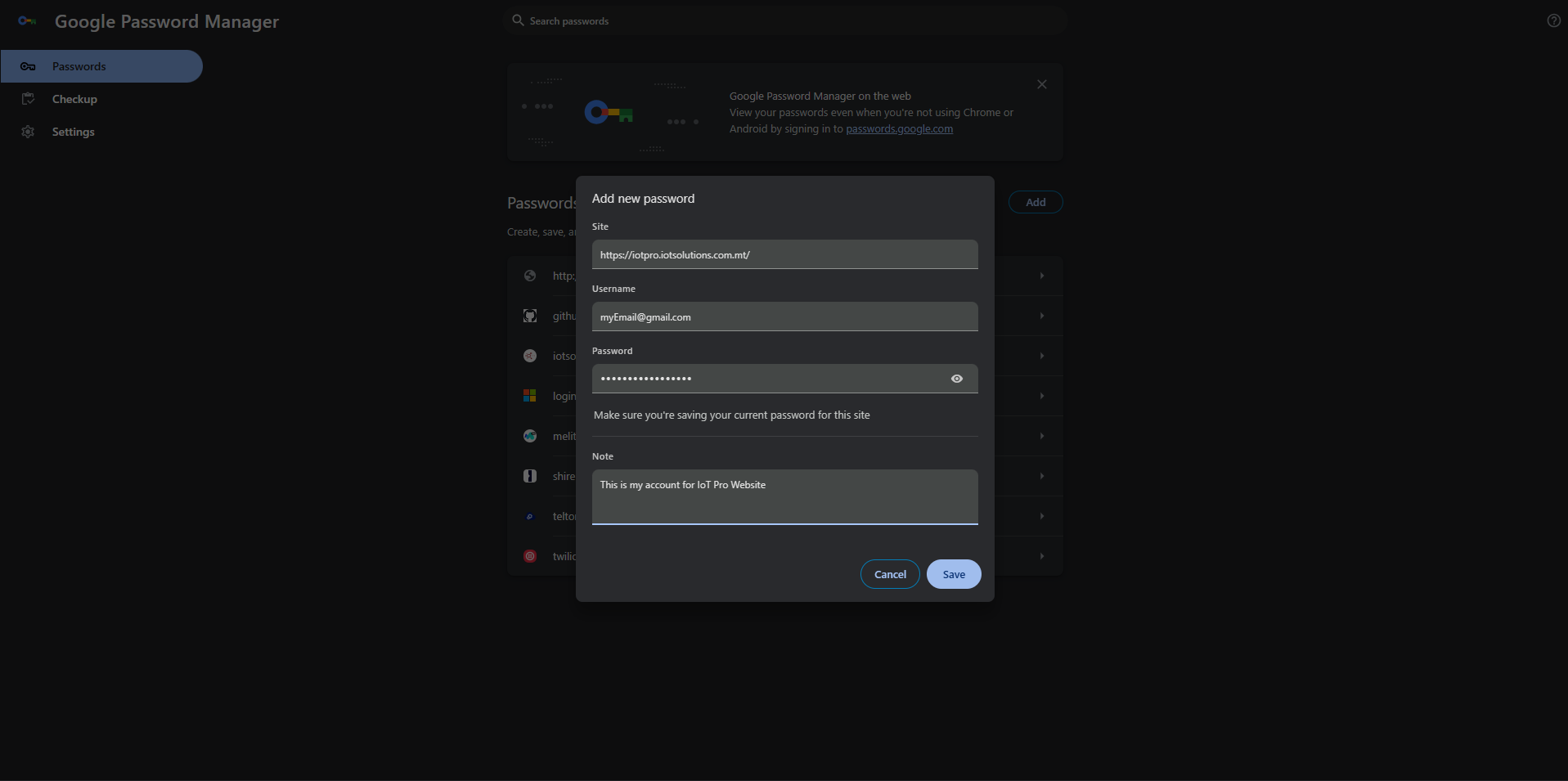 Google Password Manager - Password Form
