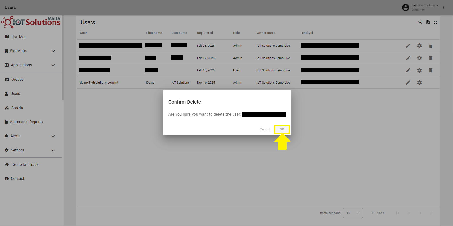 IoT Pro Platform - Confirm Delete User
