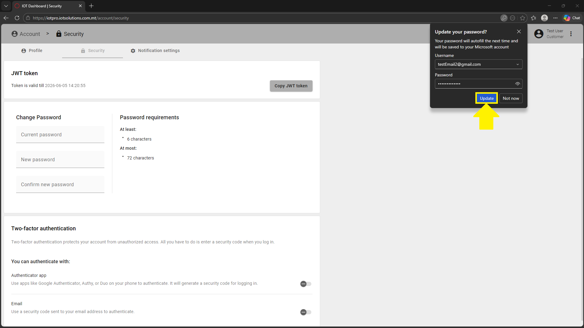 IoT Pro Platform - Saving New Password