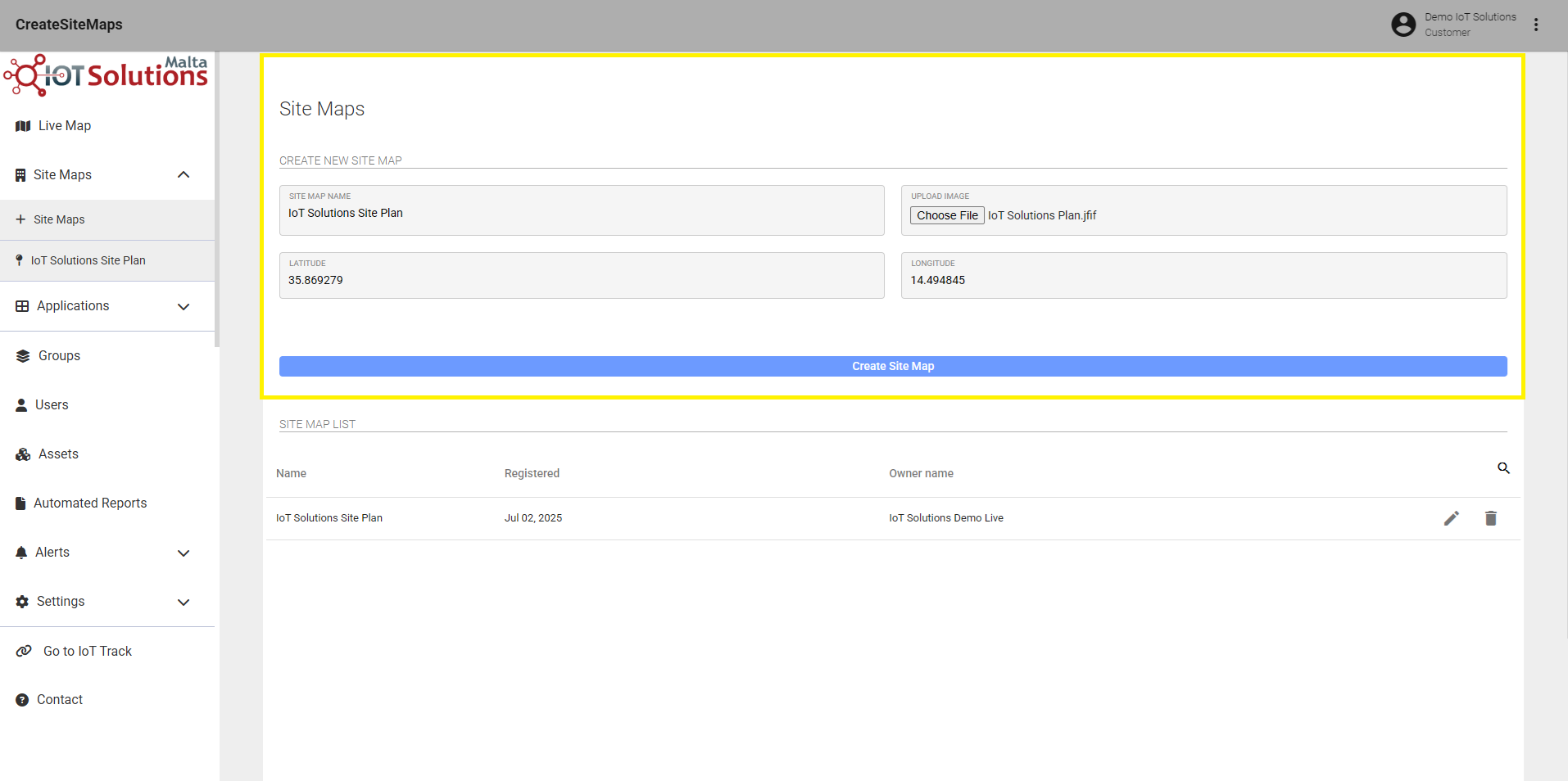 IoT Pro Platform - Create New Site Map Example