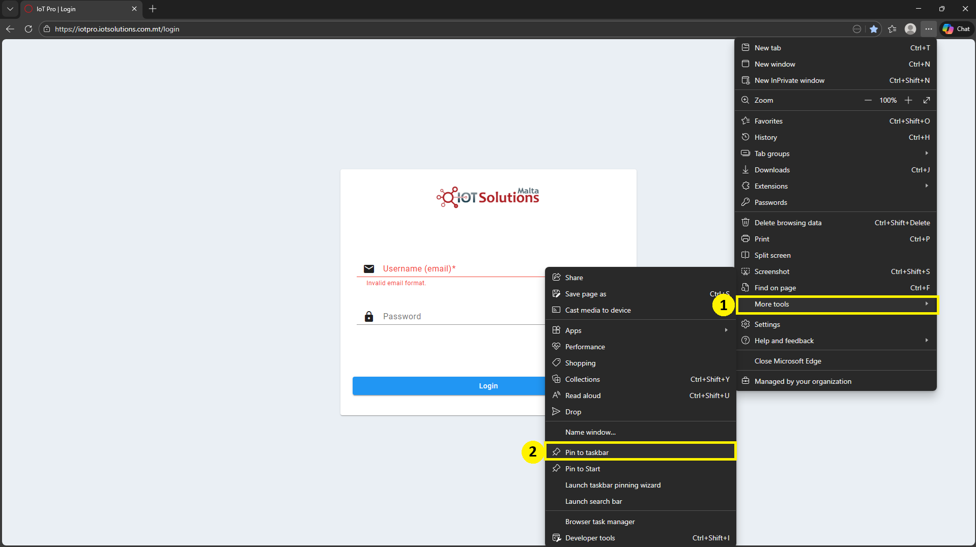 IoT Pro Platform - Selecting Pin to Taskbar