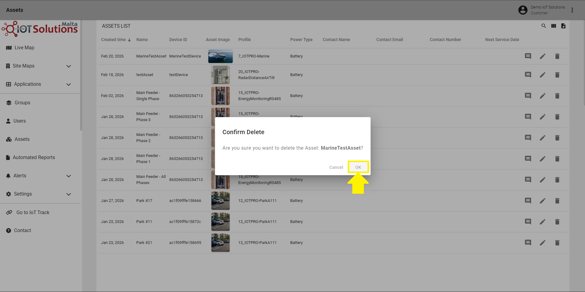 IoT Pro Platform - Confirm Delete Asset