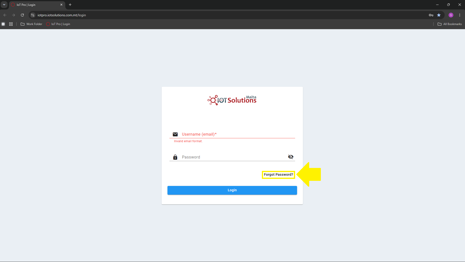 IoT Pro Platform - Clicking Forgot Password