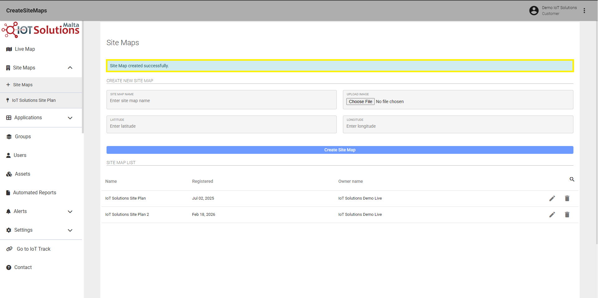 IoT Pro Platform - Create New Site Map Confirmation Message