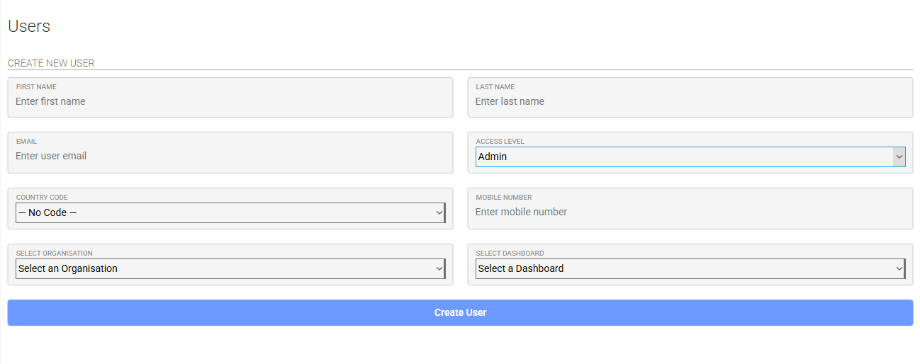 IoT Pro Platform - Create New User Form