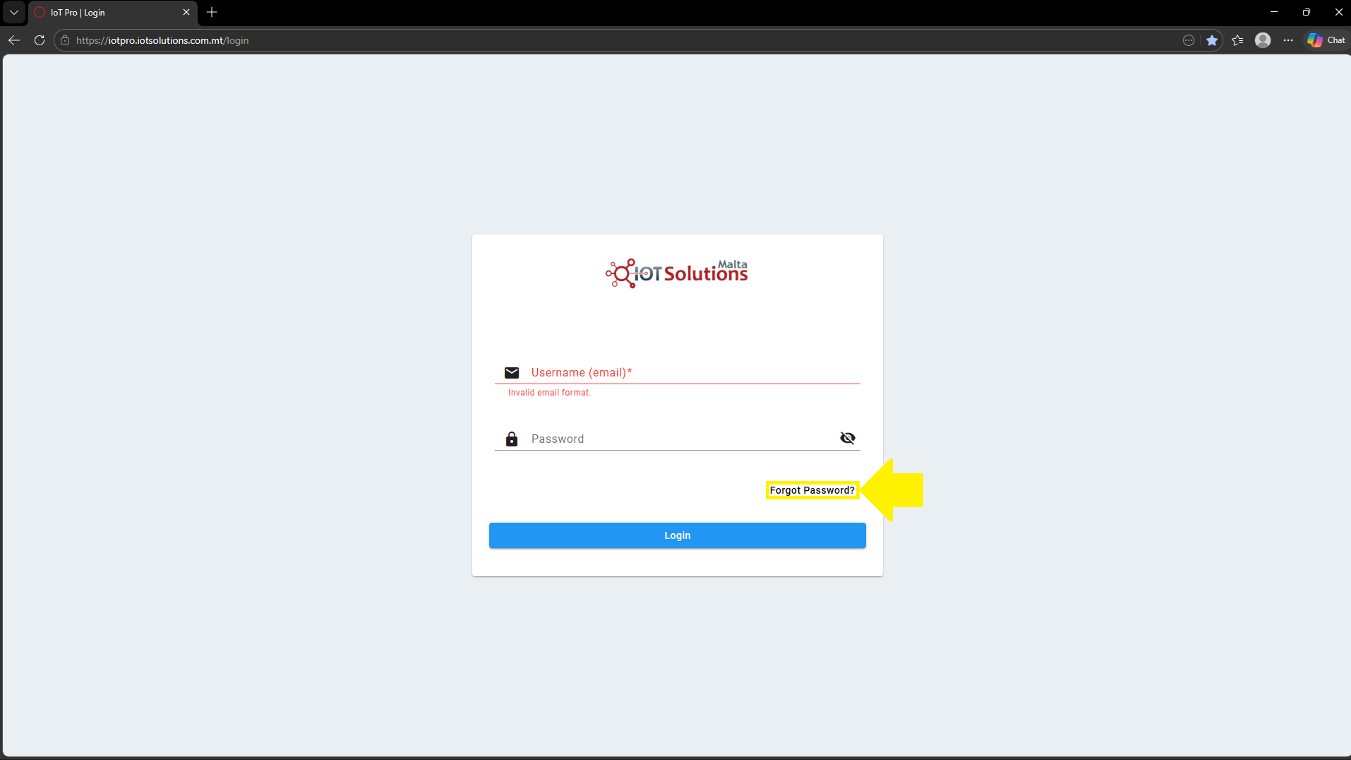 IoT Pro Platform - Entering Forgot Password Form