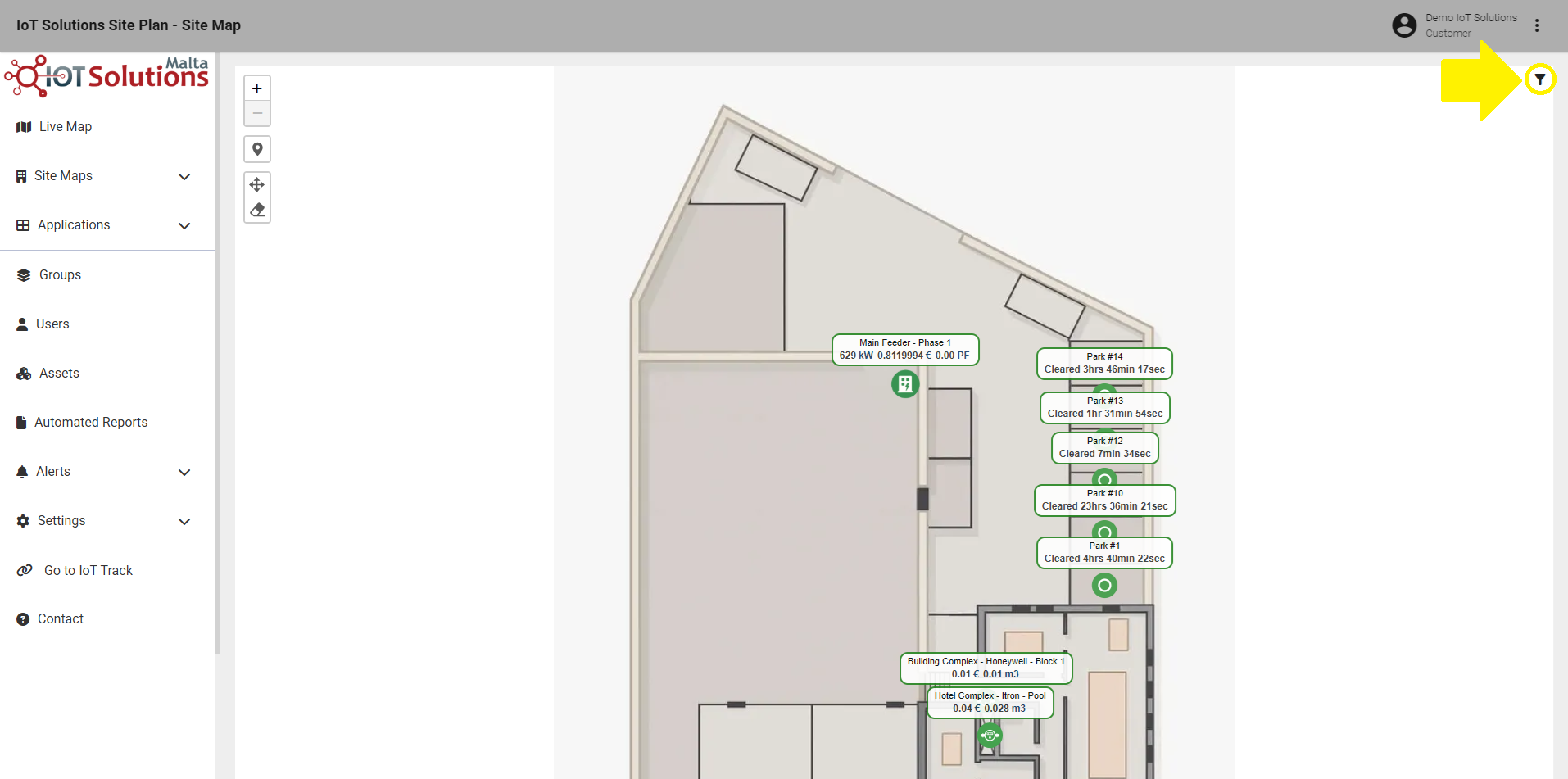 IoT Pro Platform - Site Map Filter Button Location