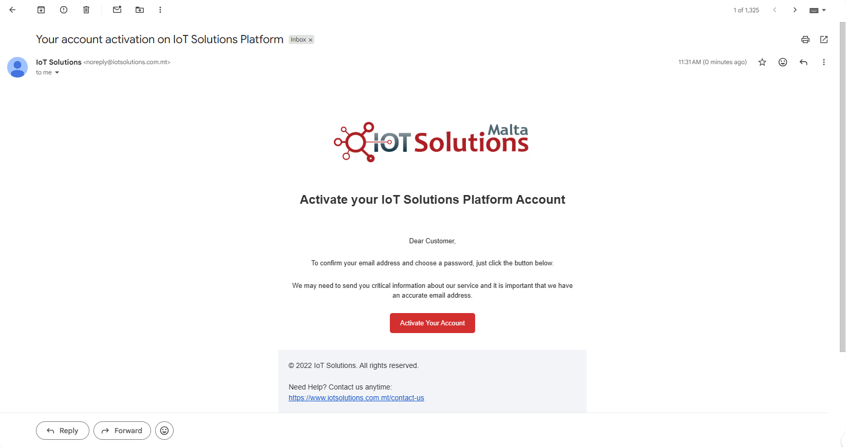 IoT Pro Platform - Account Activation Email