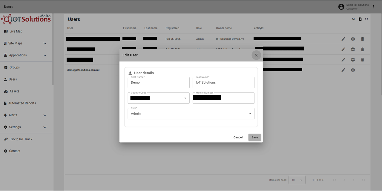 IoT Pro Platform - Edit User Form