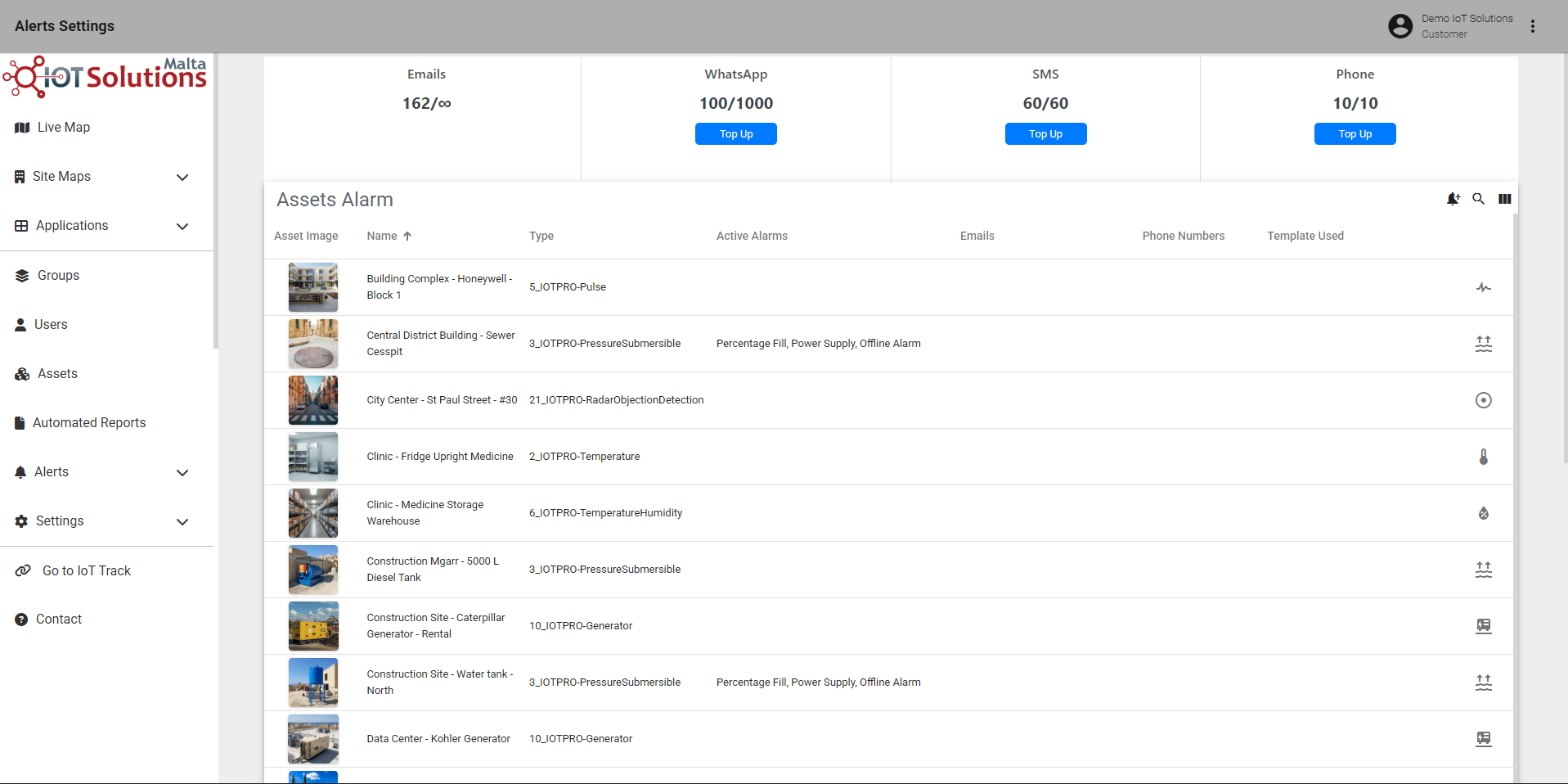 IoT Pro Platform - Alert Settings Page
