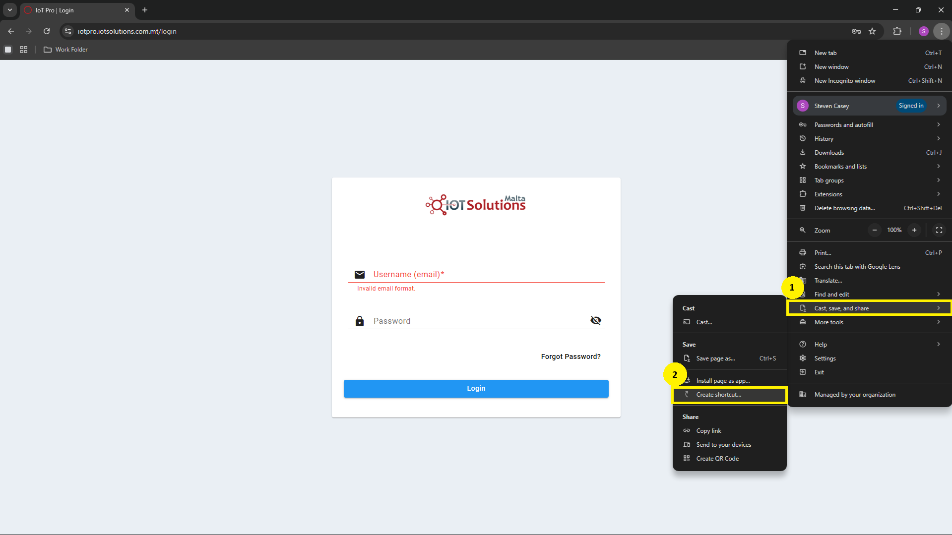IoT Pro Platform - Selecting Create Shortcut