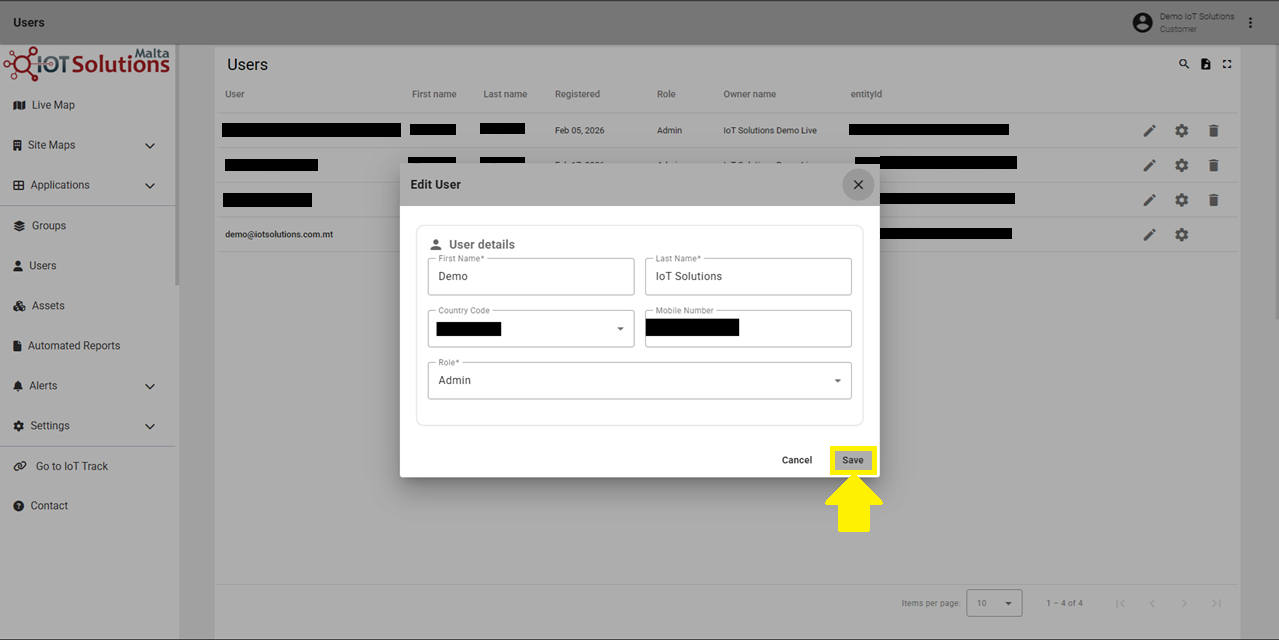 IoT Pro Platform - Confirm User Changes
