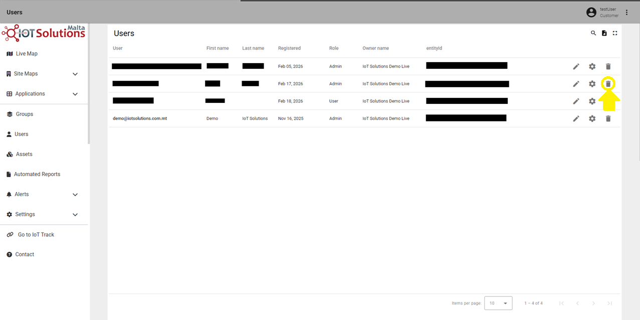 IoT Pro Platform - Click Delete User Button