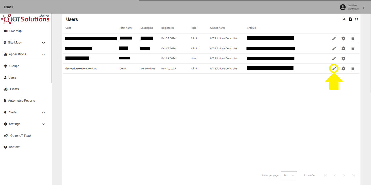 IoT Pro Platform - Open Edit User Form