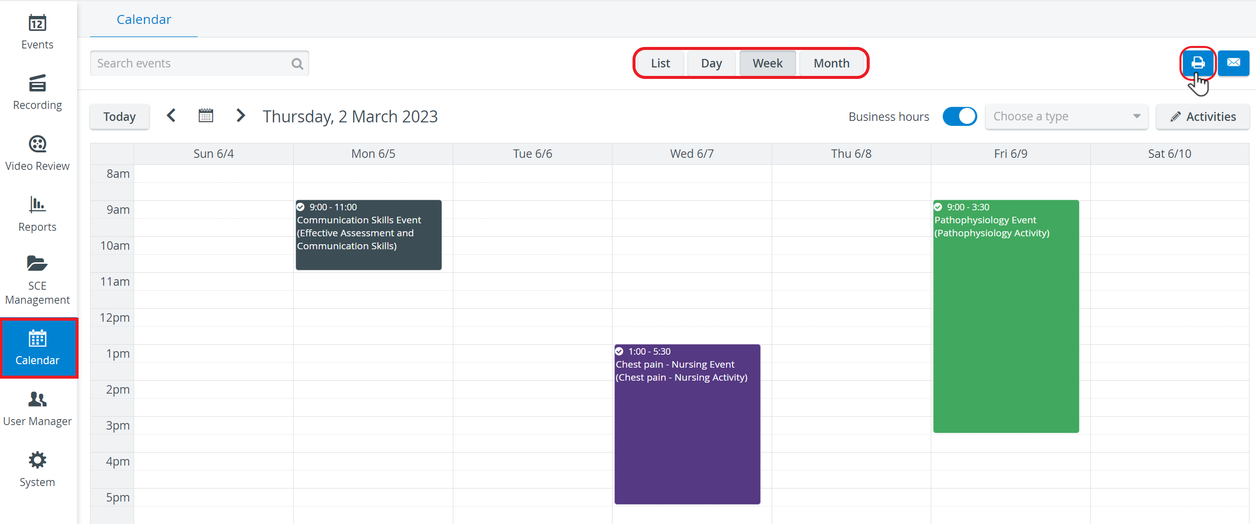 Week View of a Calendar