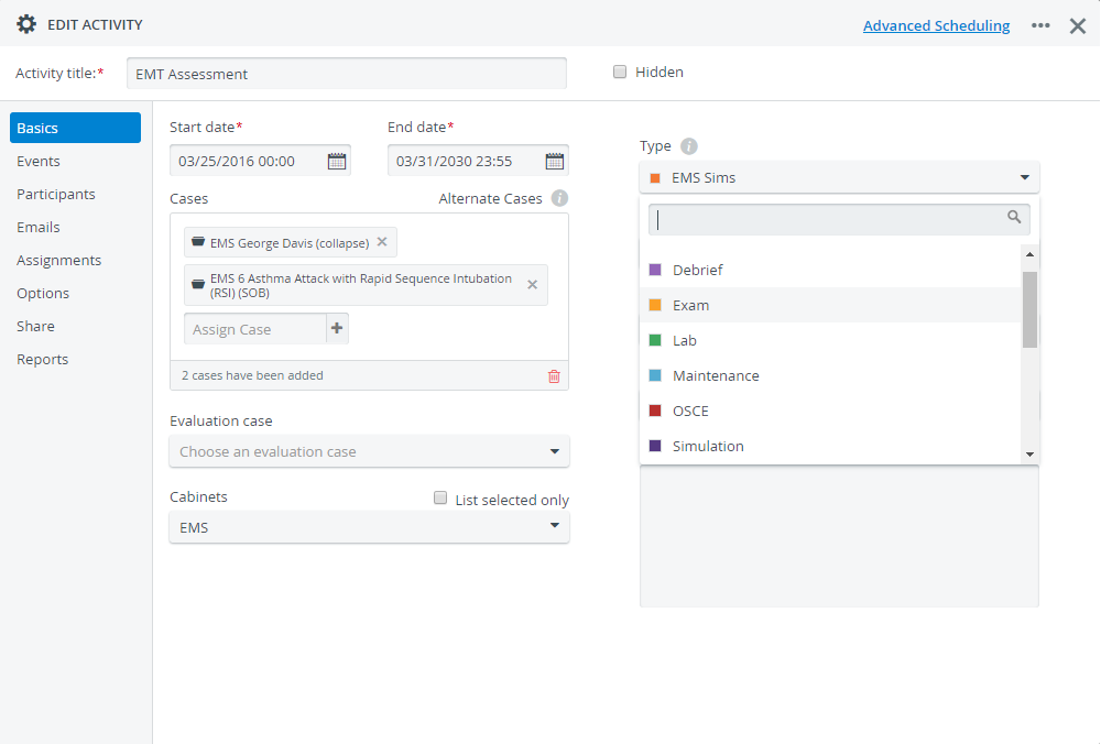 Activity Types in the Edit Activity Pop-up in Activities