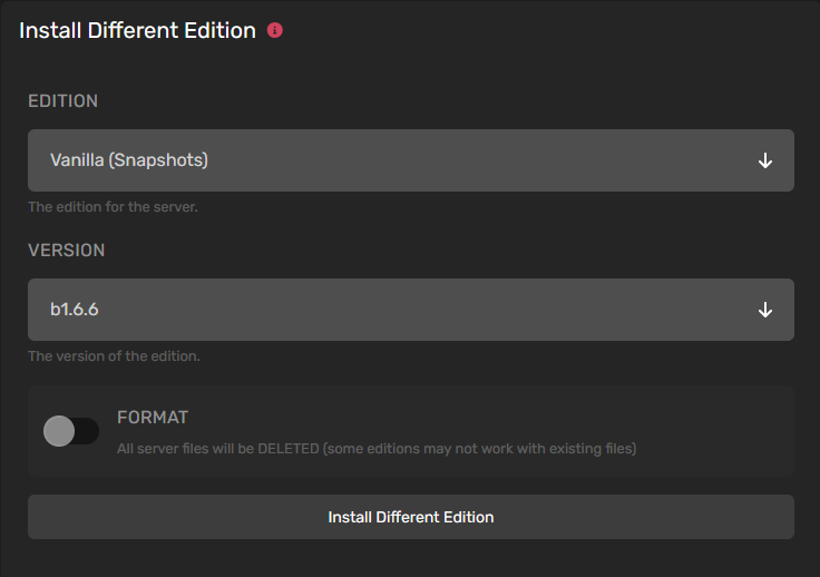 This example shows preloading a Minecraft (Beta) b1.6.6 vanilla build onto the instance.