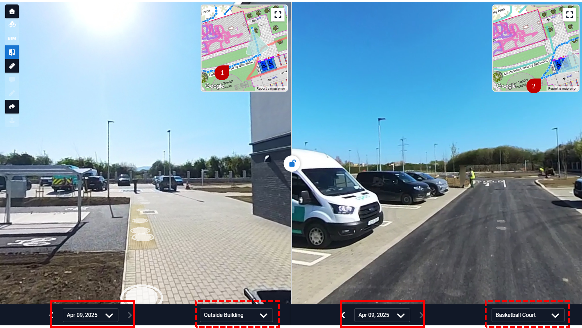 Compare view showing on the same Mini Map, Walks 1 and 2 which were captured on the same Date.