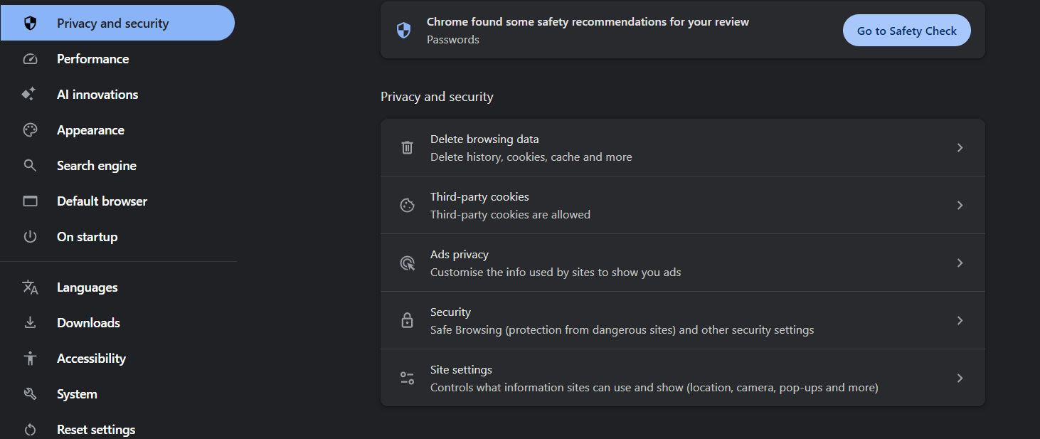 Privacy and Security settings in Chrome