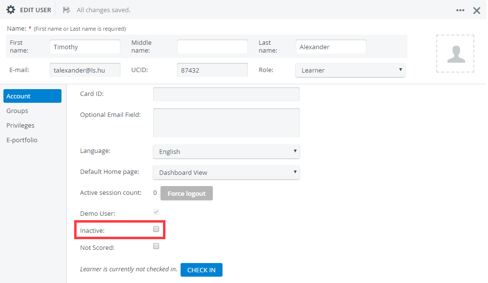 Activated Demo User in Users