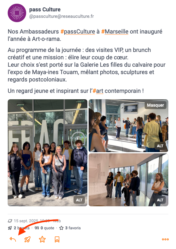 Bouton de réponse pour composer le prochain post et commencer à constituer ainsi un fil