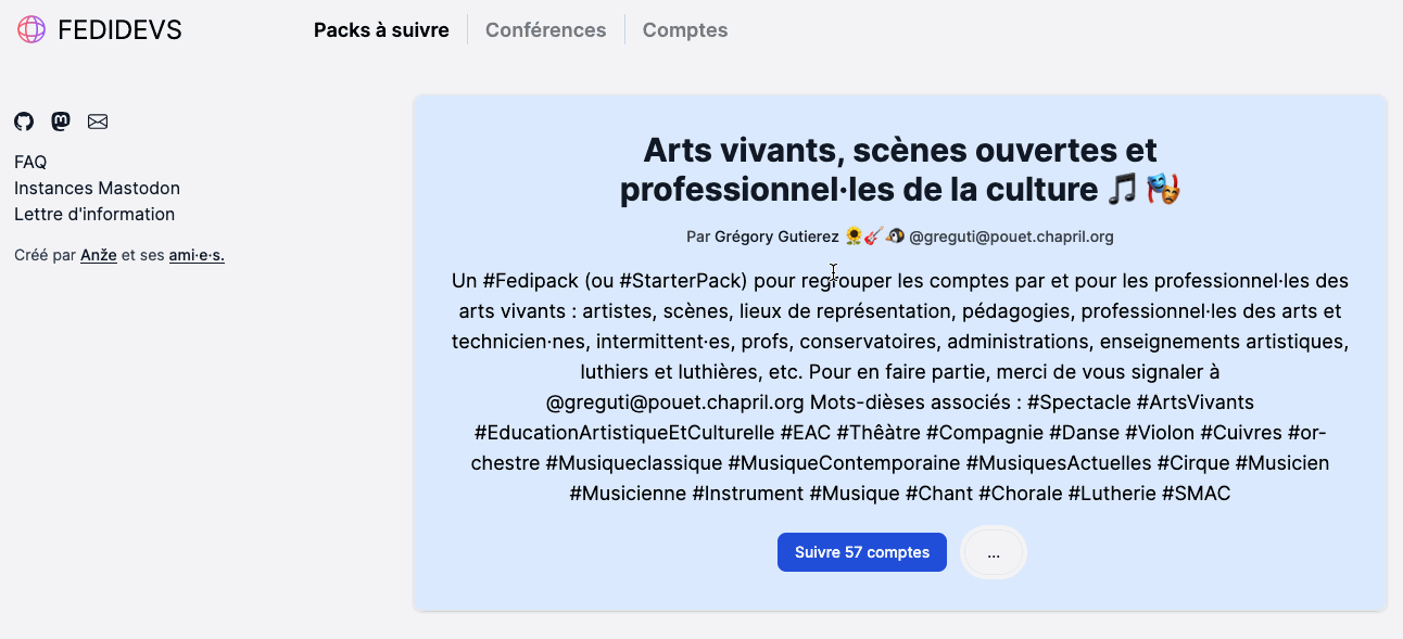 Exemple d'un Fedipack dédié aux Arts vivants.