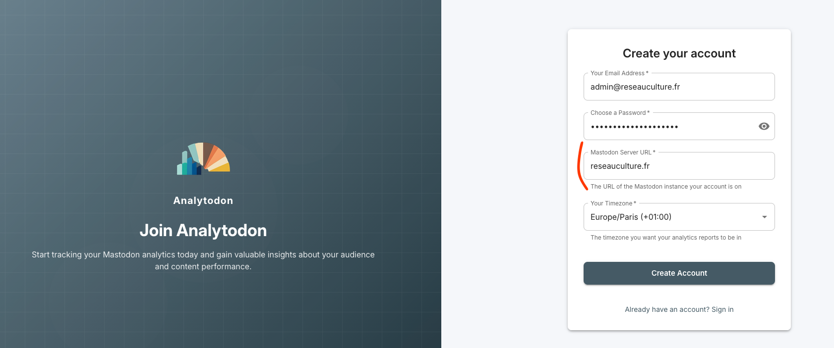Prendre soin de s'assurer qu’il est indiqué "reseauculture.fr" dans le champs Mastodon server URL