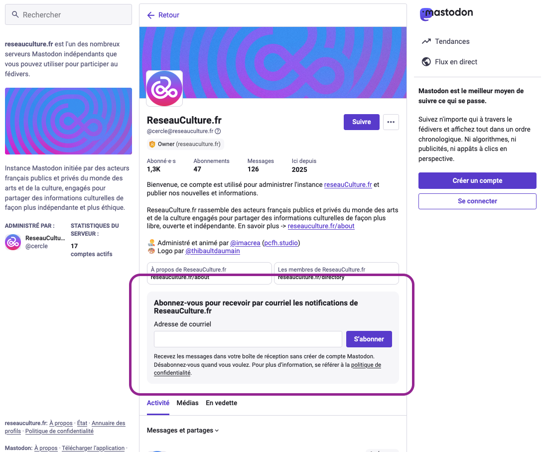 Exemple d'inscription mail sur le profil @cercle@reseauCulture.fr
