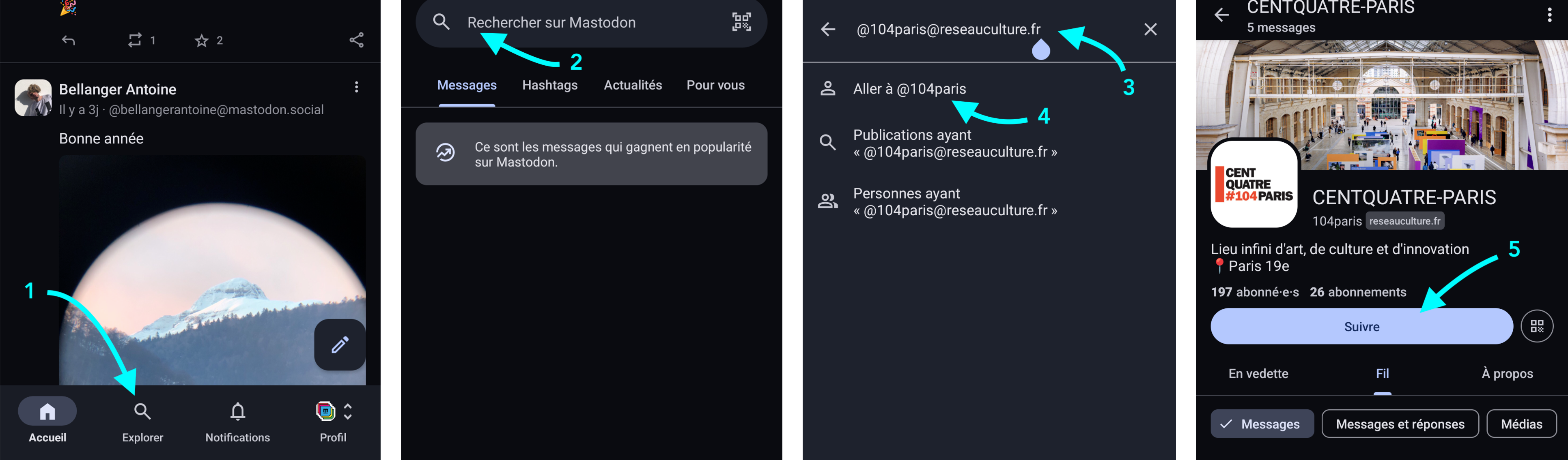 Suivre le compte du CENTQUATRE en 5 clics !