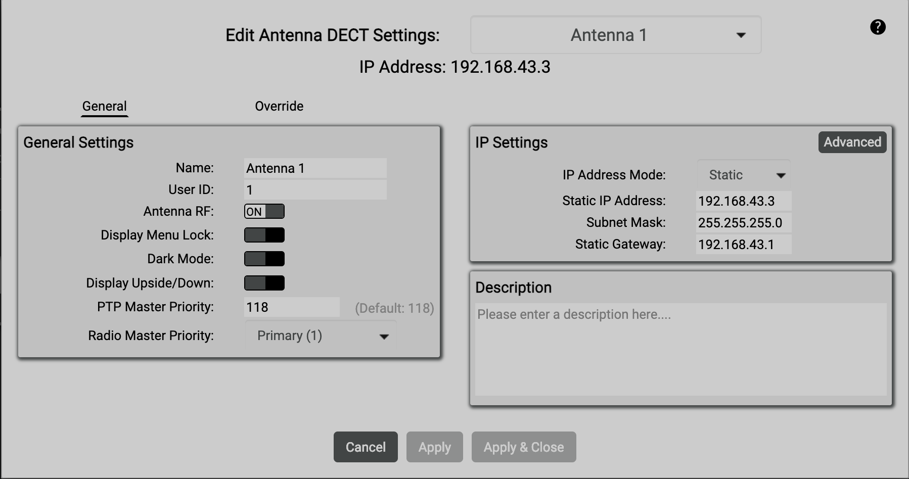 Edit Antenna DECT Settings: IP Address: 192.168.43...