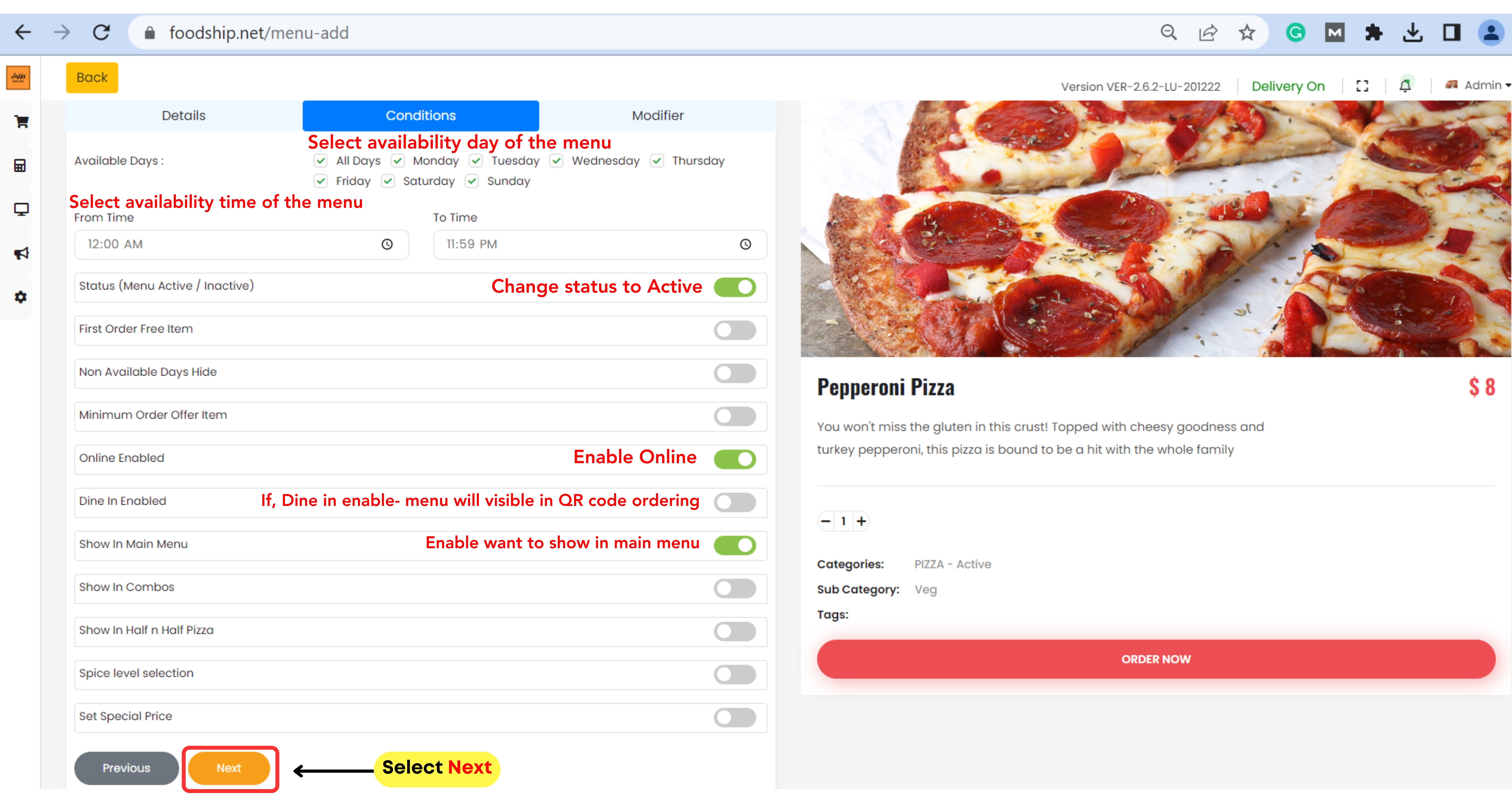 Adding item in the menu